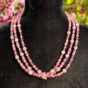 Vintage Pink 3-Strand Faceted Glass & Bead Necklace